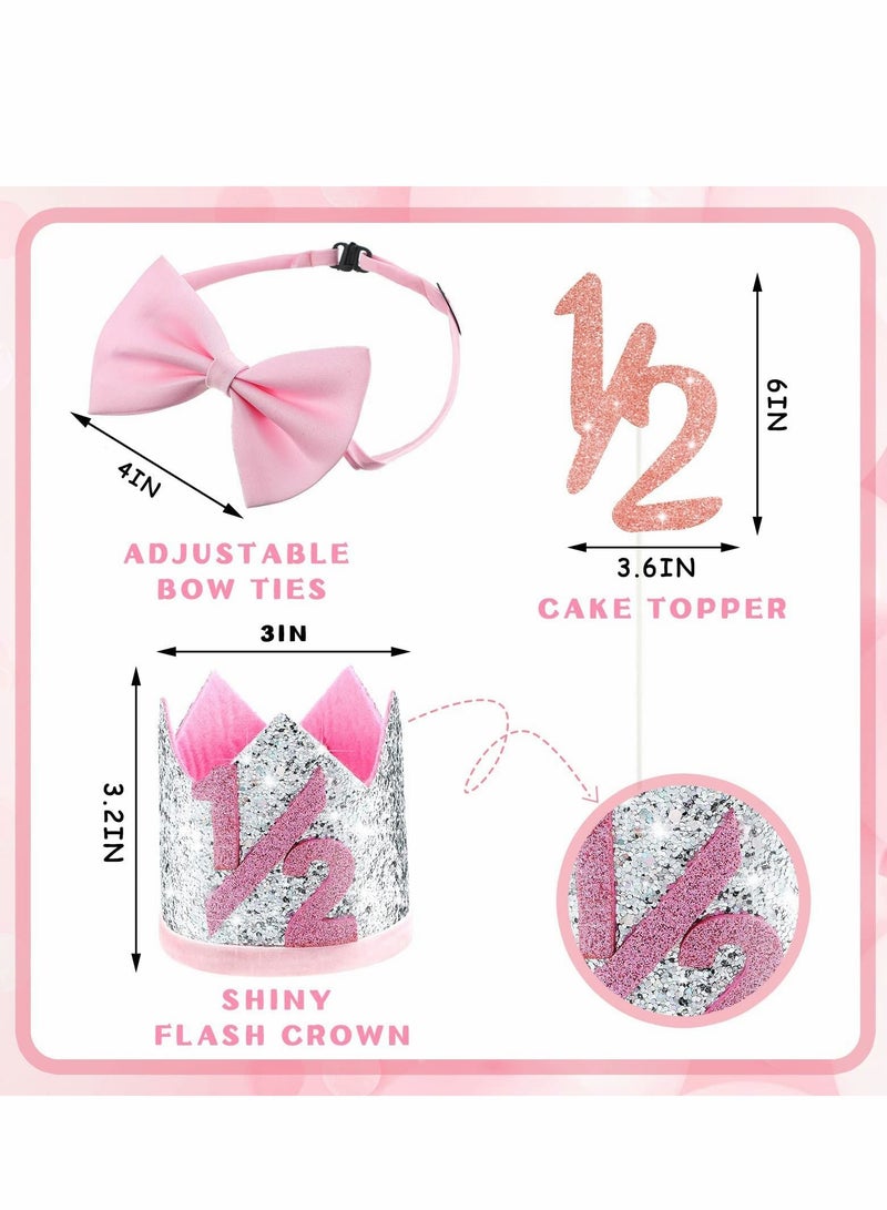 NIBEMINENT 31 Pcs Half Birthday Decorations Baby Girl Rose Gold, 6 Months Happy Banner Set Glitter Crown Hat Balloons Cake Topper Triangle Flag Bow Tie - Image 3