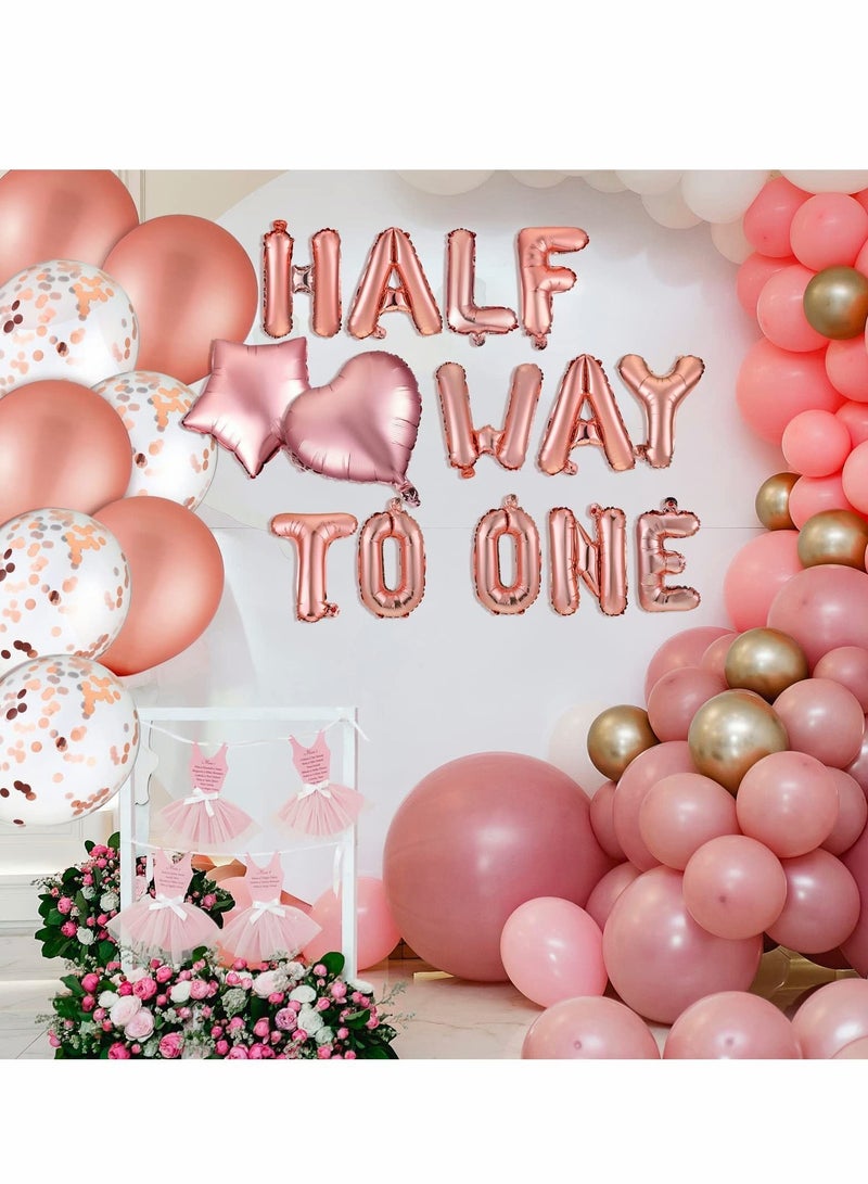 NIBEMINENT 31 Pcs Half Birthday Decorations Baby Girl Rose Gold, 6 Months Happy Banner Set Glitter Crown Hat Balloons Cake Topper Triangle Flag Bow Tie - Image 5