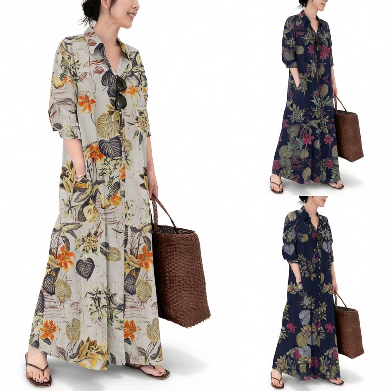 Loose Long Shirt Dress with Print Pockets Casual A-Line Midi Dress for Women