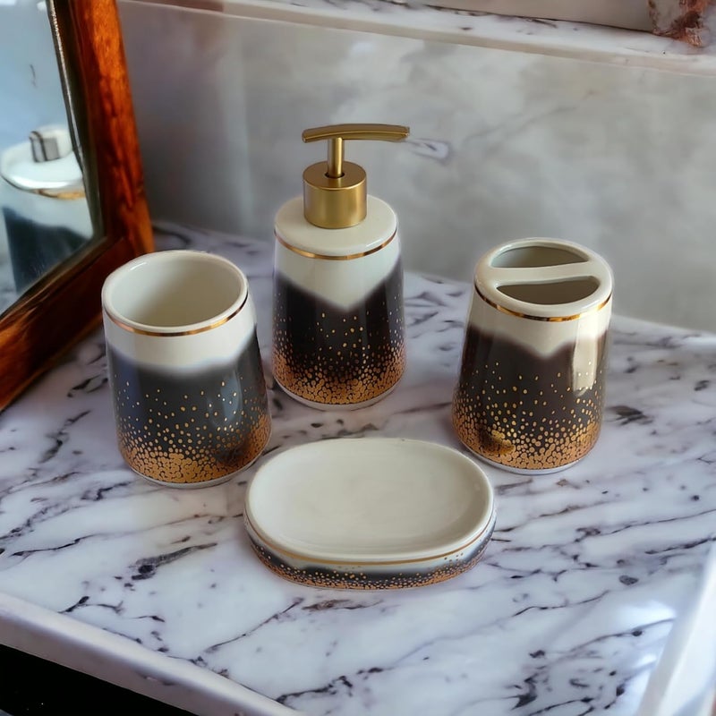 Whizzo Moden Intricate Design Multicolor Luxury Bathroom Accessories Set Ceramic Including 4 Piece Bathroom Accessories Set Soap Dispenser Toothbrush Holder Tumbler Soap Dish 821 Black - Image 2