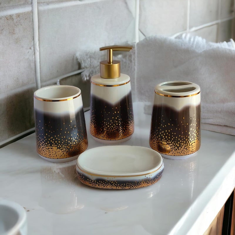 Whizzo Moden Intricate Design Multicolor Luxury Bathroom Accessories Set Ceramic Including 4 Piece Bathroom Accessories Set Soap Dispenser Toothbrush Holder Tumbler Soap Dish 821 Black - Image 1