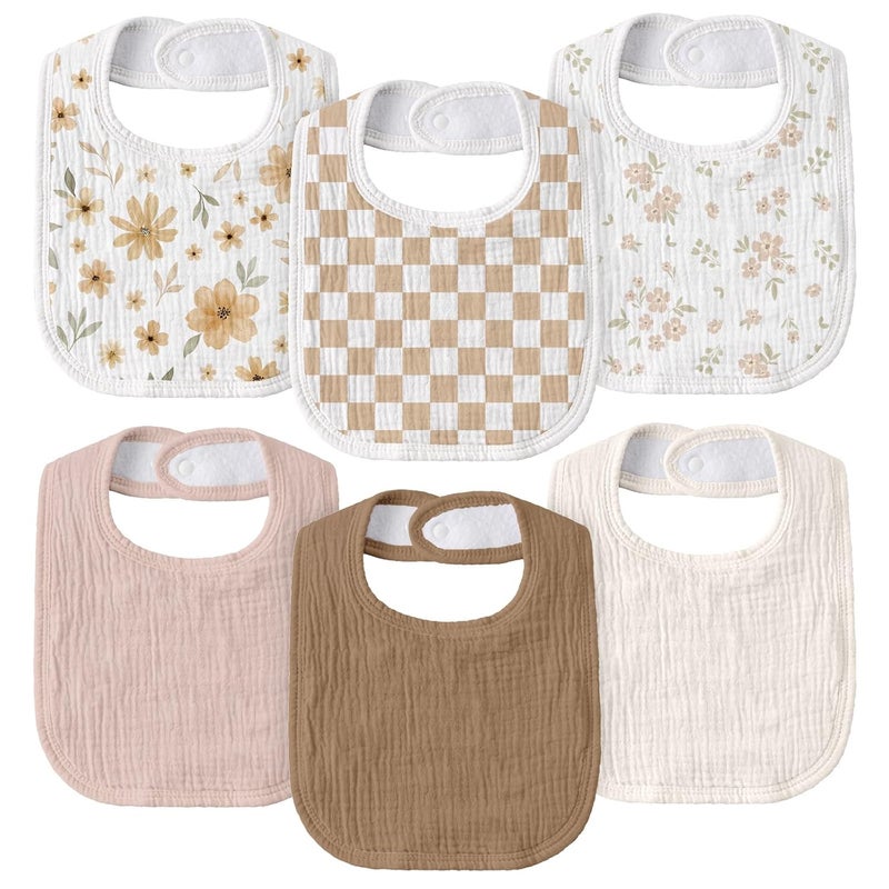 Muslin Drool Bibs for Boys Girls 6 Pack - Adjustable Baby Bibs for Drooling and Teething, Soft Cotton Baby Bandana Bib for Newborn Feeding Essentials (Autumn Flora) - Image 1