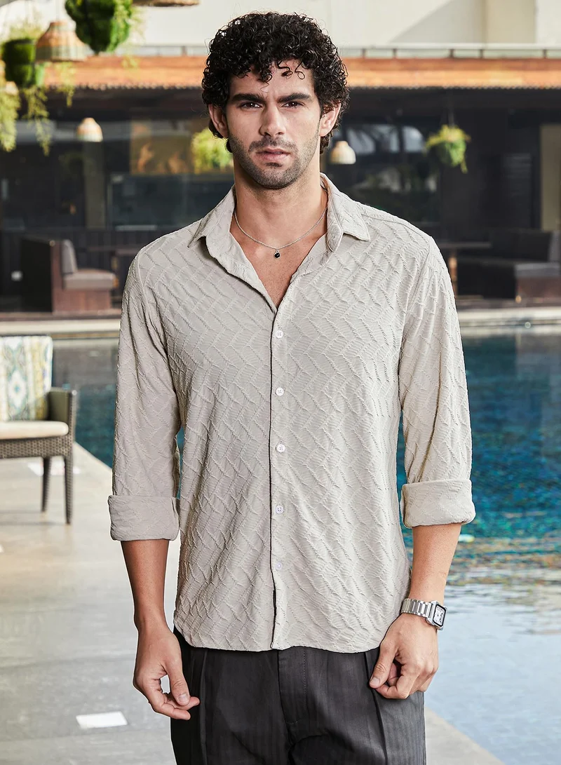 Campus Sutra Men's Cream Beige Herringbone-Tactile Shirt