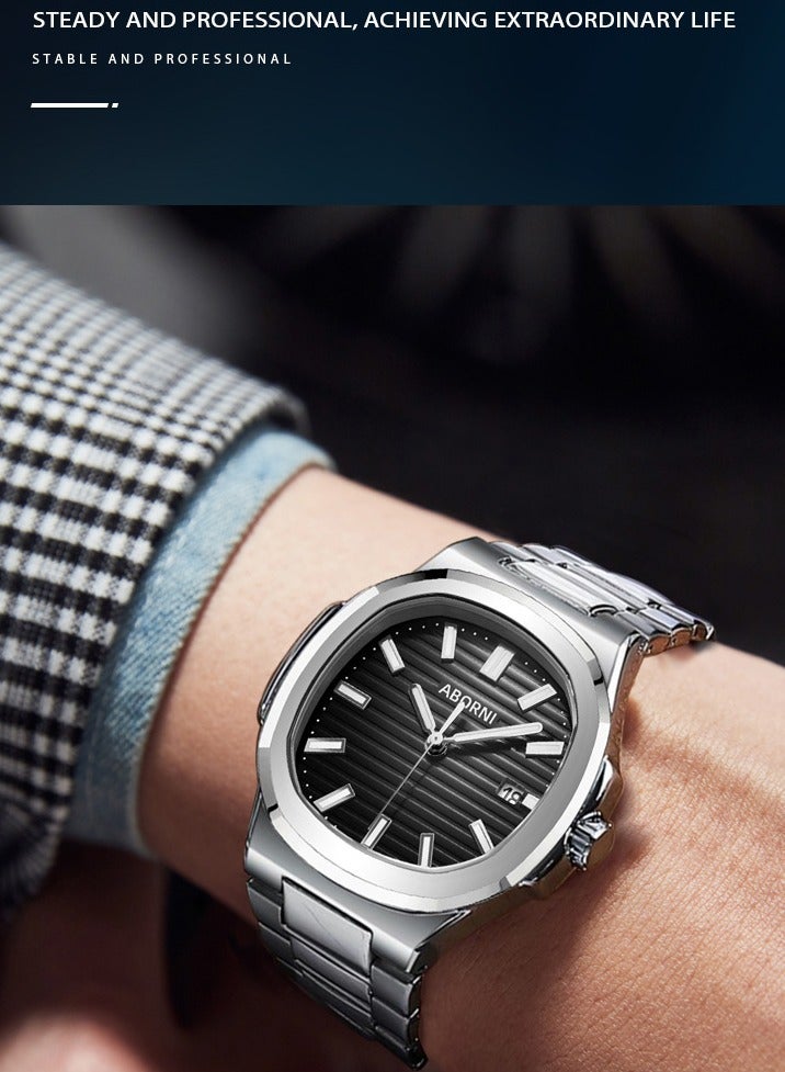 ABORNI Business Casual Men's Watch Lightweight Design Luminous Waterproof Mineral Glass Mirror Stainless Steel Strap - Image 2