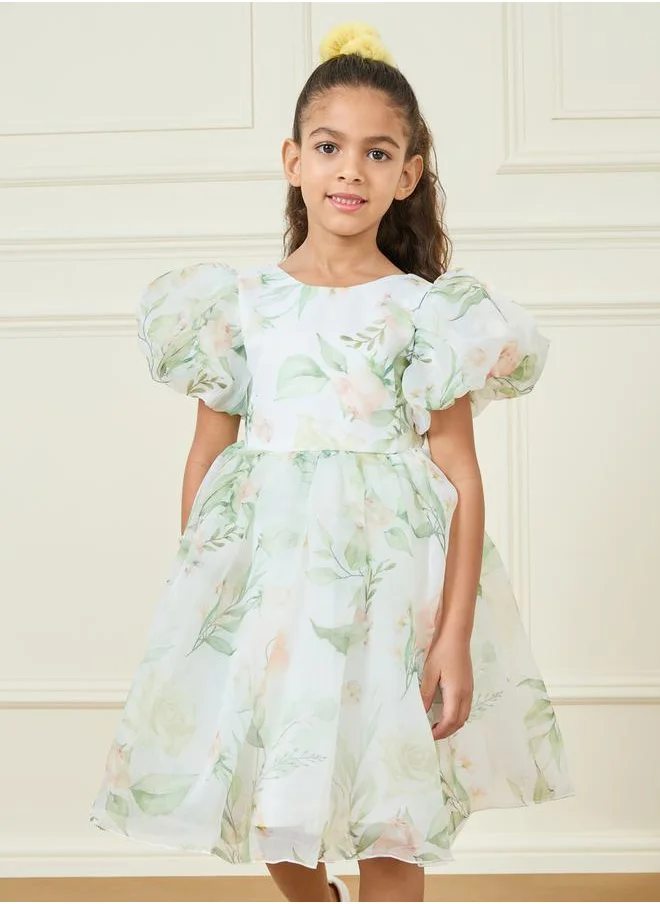 Styli Floral Print Organza A-Line Dress