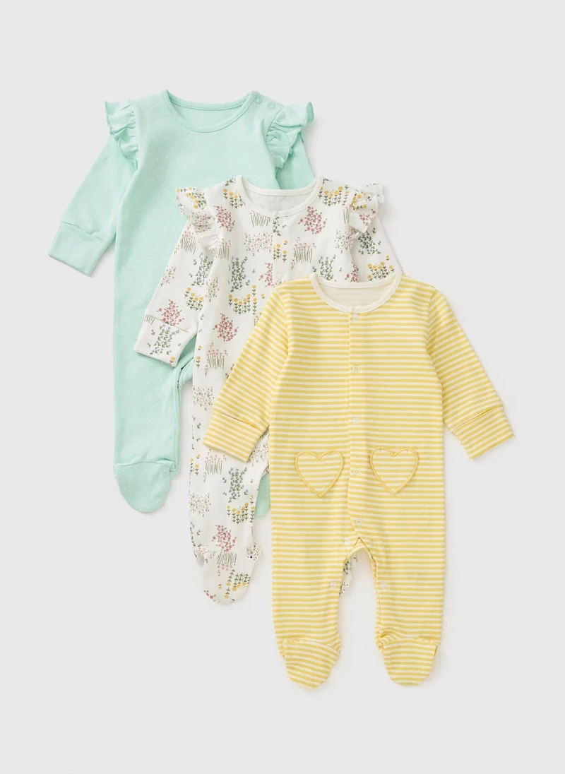 Matalan 3 Pack Baby Multicolour Patterned Sleepsuits