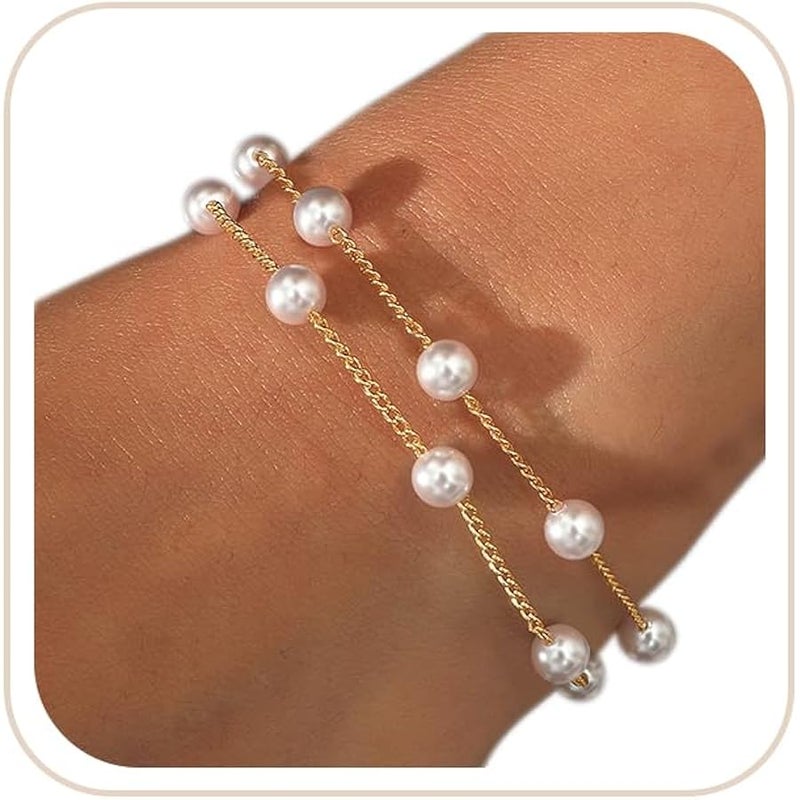 DAYANEY Pearl Bracelets for Women, Gold Bracelet Silver Pearl Jewelry as Valentines Gifts for Girls, Dainty Daisy and Heart Braclets Cute Floral Prom Jewelry for Bridesmaid Brazaletes Para Mujer - Image 1