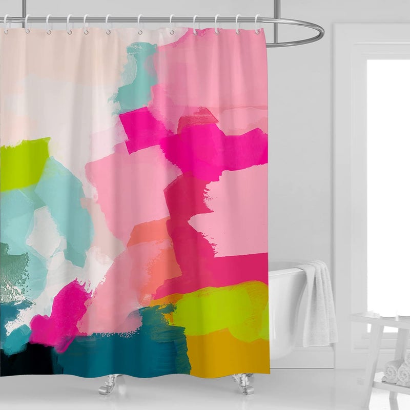 Kikiry Abstract Watercolor Shower Curtain 60W x 72L Pink Teal Colorful Bright Ombre Modern Preppy Minimalist Girls Oil Painting Bathroom Decor Polyester Fabric Waterproof 12 Pack Plastic Hooks