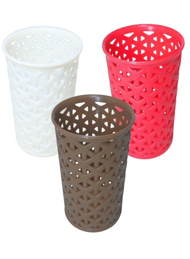 MORVI Linea Small Round Plastic Multipurpose Organizer For Kitchen, Bathroom, Salon, Office|Stationery,Cutlery,Pen,Makeup Brushes Holder|Hanging Toothbrush Stand |Pack Of 3 | WHITE BROWN RED - Image 1