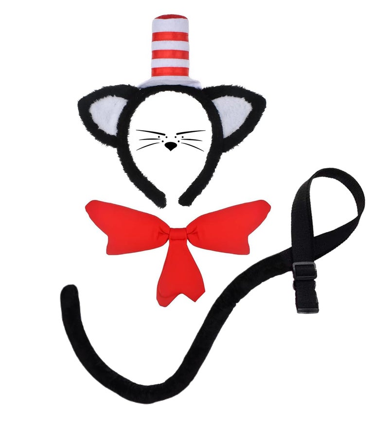 DreamLily Cat Costume Accessory Set with Hat Headband, Red Bow Tie, 31-inch Black Tail, Halloween Dress Up Kit (Red and Black) - Image 1