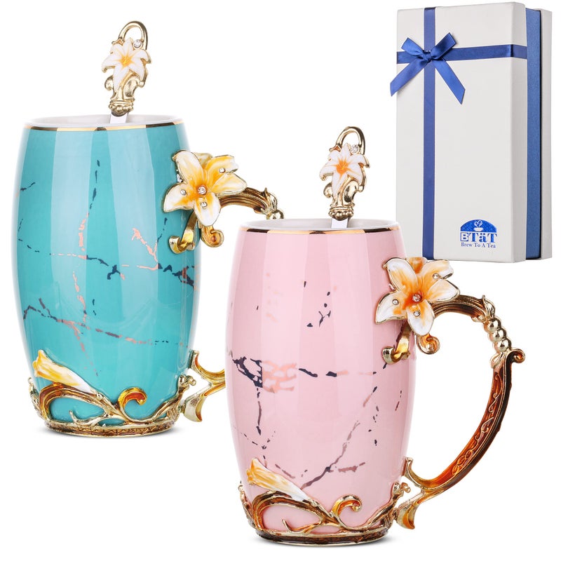 BTaT Fancy Coffee Mugs with Spoon 12 oz Set of 2 Floral Pink and Blue Ceramic Fancy Gifts for Women Tea Mugs for Women Flower Tea Cup