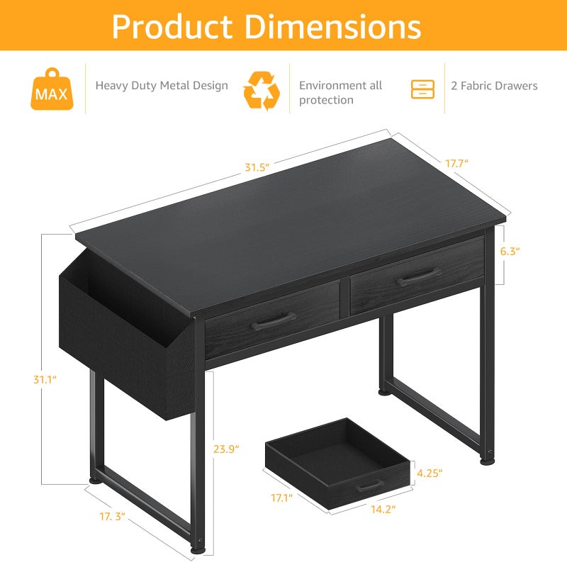 DLisiting Small Desk with Fabric Drawers for Bedroom, 32 Inch Gaming Desk with 2 Drawers for Small Space, Study Writing Table PC Desks, Black - Image 3