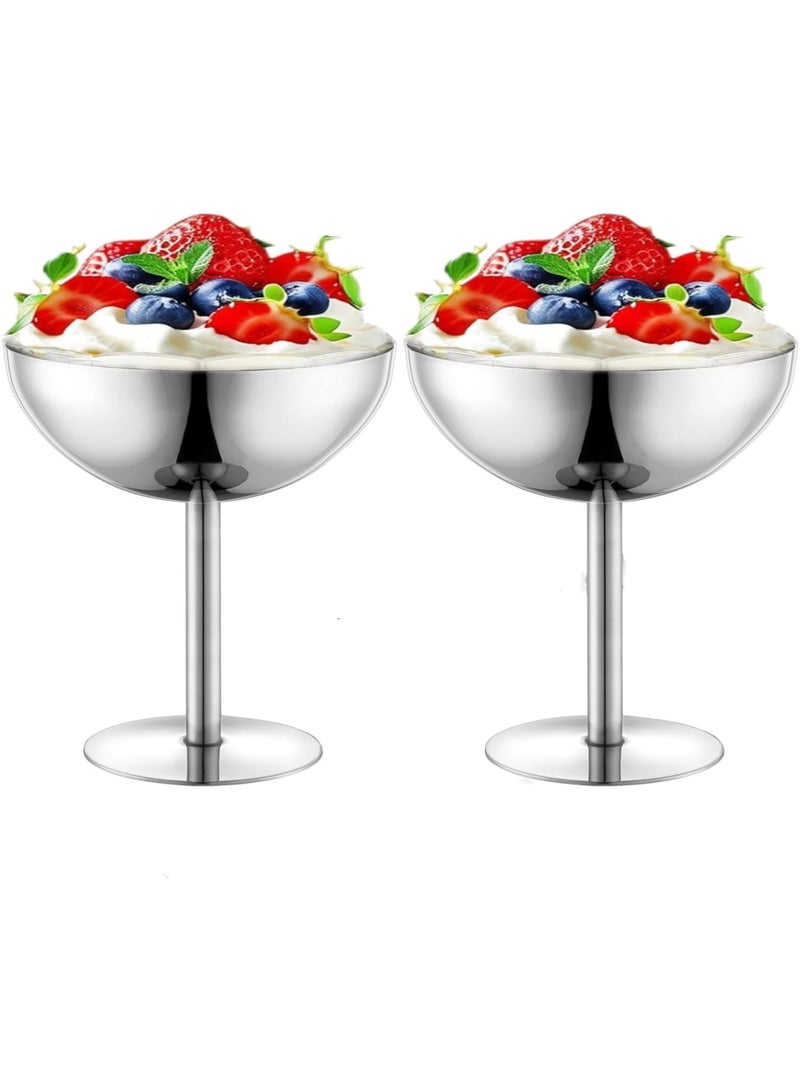 Bukela 2Pcs Ice Cream Bowls Stainless Steel Dessert Cups Reusable Footed Sundae Cups Ice Cream Cups for Dessert, Frozen Yogurt, Gelato, Birthday Party Decorations - Image 1