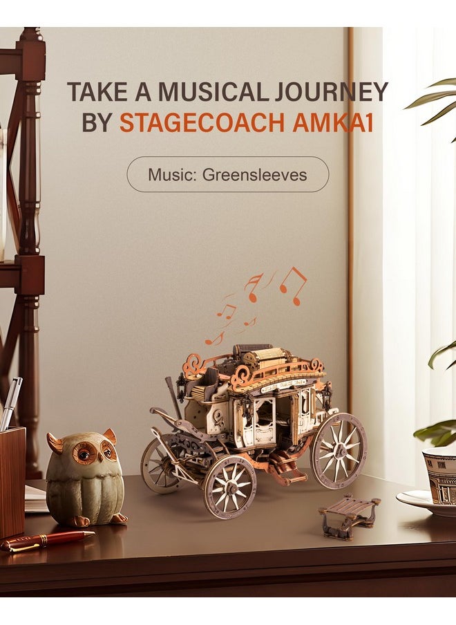 Robotime ROBOTIME Stagecoach Wooden Music Box Puzzle AMKA1, Valentines Day Gift 3D Wooden Puzzles for Adults, Mechanical 3D Model to Build, Birthday Anniversary Day Gift Hobby STEM Kits  - Image 3