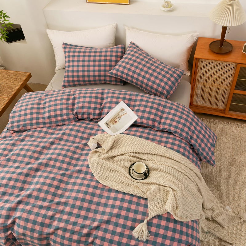 ECOCOTT Duvet Cover Set, 100% Washed Cotton Linen-Like Soft & Breathable, Durable Comfy Bedding Set for All Seasons King Size, Purple Pink Plaid - Image 3