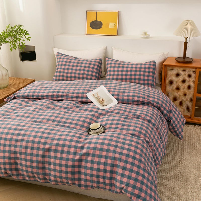 ECOCOTT Duvet Cover Set, 100% Washed Cotton Linen-Like Soft & Breathable, Durable Comfy Bedding Set for All Seasons King Size, Purple Pink Plaid - Image 4