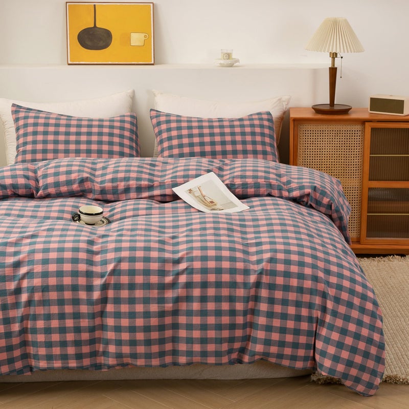ECOCOTT Duvet Cover Set, 100% Washed Cotton Linen-Like Soft & Breathable, Durable Comfy Bedding Set for All Seasons King Size, Purple Pink Plaid - Image 2