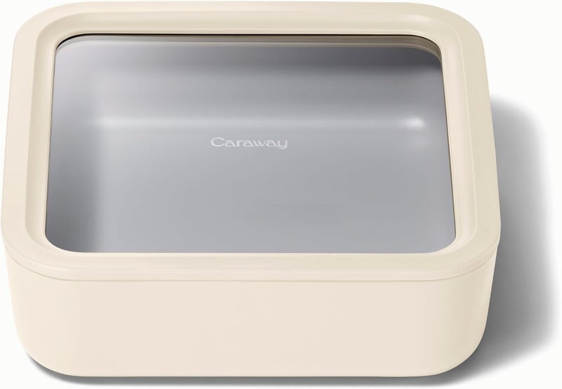 CARAWAY Glass Food Storage, 10 Cup Glass Container,Ceramic Coated Food Container,Easy to Store, Non Toxic, Non Stick Lunch Box Container with Glass Lids. Dishwasher, Oven,Square Shape,Cream - Image 1