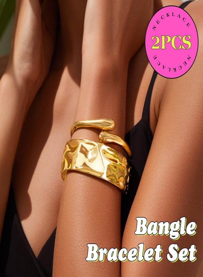 ACEDRE 2PCS Gold Cuff Bangle Bracelet Set Statement Wide Open Jewelry Sets for Women - Image 3