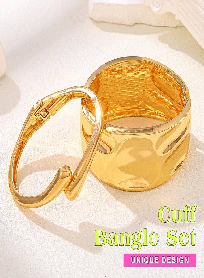ACEDRE 2PCS Gold Cuff Bangle Bracelet Set Statement Wide Open Jewelry Sets for Women - Image 2