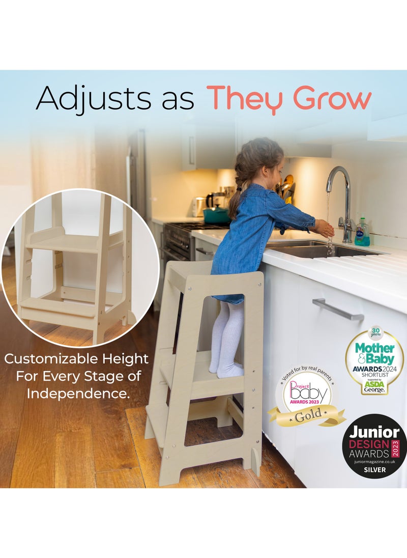 Stepup Baby Stepup Baby Toddler Tower with Adjustable Step – Natural Wood | Montessori-Inspired Standing Tower for Kids, Paintable, Fits Under Kitchen Counters, Adjustable for 18 Month – 5 Years  - Image 4
