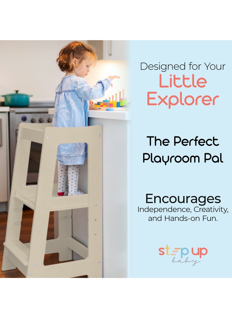 Stepup Baby Stepup Baby Toddler Tower with Adjustable Step – Natural Wood | Montessori-Inspired Standing Tower for Kids, Paintable, Fits Under Kitchen Counters, Adjustable for 18 Month – 5 Years  - Image 5