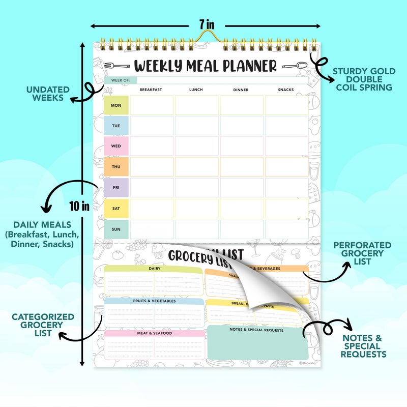 Decorably 52 Sheets Pastel Rainbow Undated Magnetic Weekly Meal Planner for Fridge with Grocery List and 4 Strong Magnets - 7x10in Spring-Bound, Refrigerator Mountable, Easy Tear-Off Design - Image 3