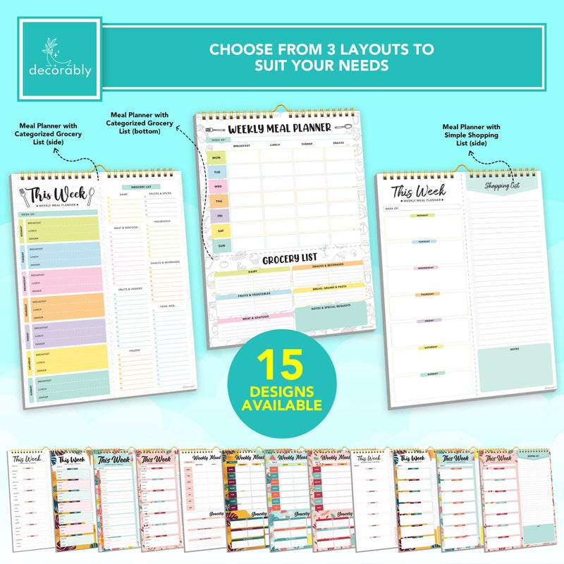 Decorably 52 Sheets Pastel Rainbow Undated Magnetic Weekly Meal Planner for Fridge with Grocery List and 4 Strong Magnets - 7x10in Spring-Bound, Refrigerator Mountable, Easy Tear-Off Design - Image 2