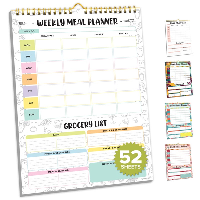 Decorably 52 Sheets Pastel Rainbow Undated Magnetic Weekly Meal Planner for Fridge with Grocery List and 4 Strong Magnets - 7x10in Spring-Bound, Refrigerator Mountable, Easy Tear-Off Design - Image 1