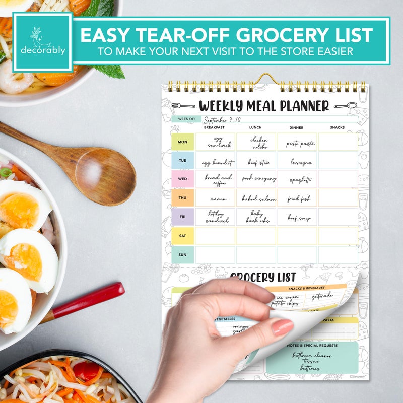 Decorably 52 Sheets Pastel Rainbow Undated Magnetic Weekly Meal Planner for Fridge with Grocery List and 4 Strong Magnets - 7x10in Spring-Bound, Refrigerator Mountable, Easy Tear-Off Design - Image 5