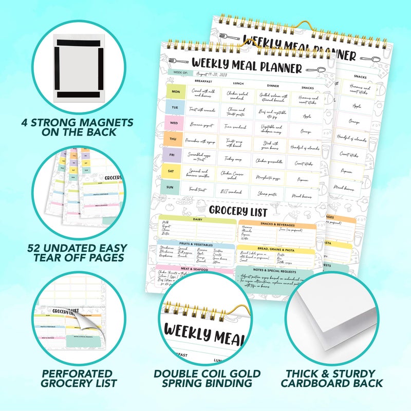 Decorably 52 Sheets Pastel Rainbow Undated Magnetic Weekly Meal Planner for Fridge with Grocery List and 4 Strong Magnets - 7x10in Spring-Bound, Refrigerator Mountable, Easy Tear-Off Design - Image 4