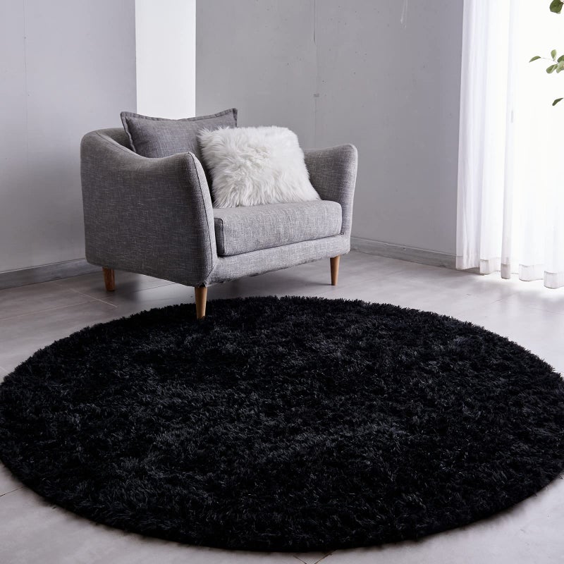 FJZFING Black Round Rug UltraSoft Plush Modern 5x5 Circle Area Rug for Kids Bedroom Fluffy Shag Circular Rug for Nursery Room NonSlip Home Decor Cute Black Carpet for Teens Room
