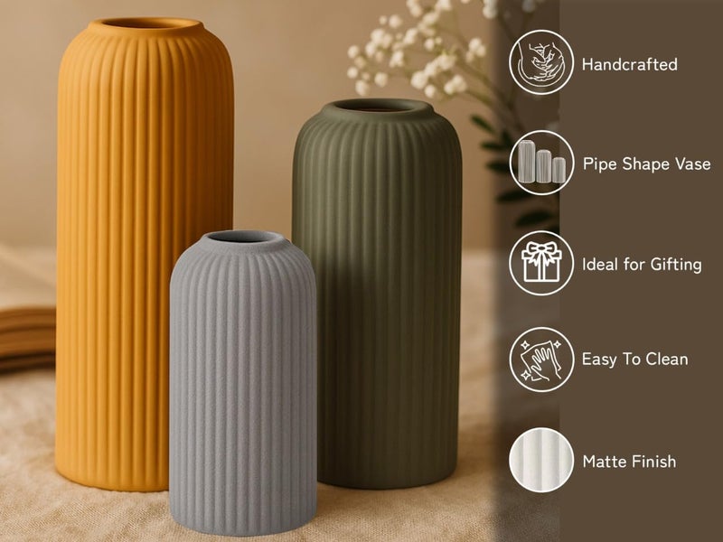 Bodhi House Unique Ceramic Ribbed Vase, Modern Decorative Centrepiece Vase for Pampas Grass, Artificial Flower Pot Ideal for Gifting, Home and Office Decor, Living Room (Pack of 3, Multicolor) - Image 5
