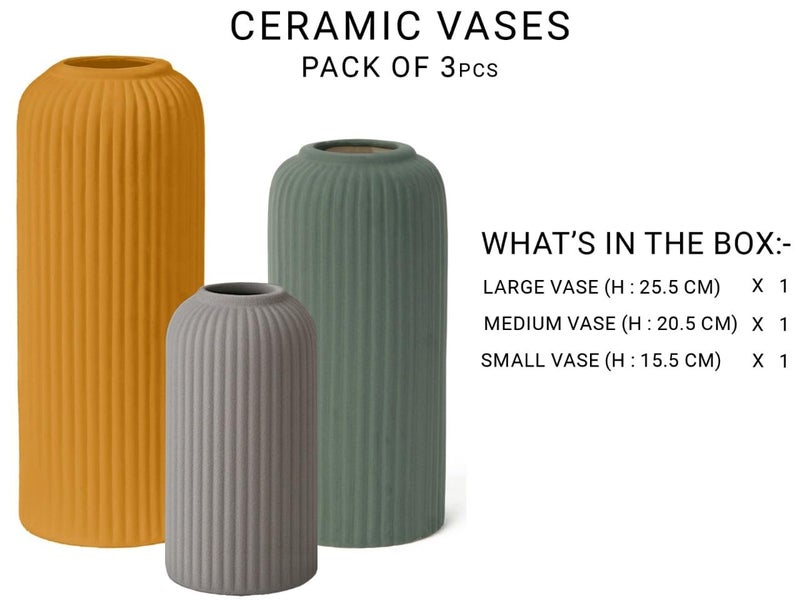 Bodhi House Unique Ceramic Ribbed Vase, Modern Decorative Centrepiece Vase for Pampas Grass, Artificial Flower Pot Ideal for Gifting, Home and Office Decor, Living Room (Pack of 3, Multicolor) - Image 2