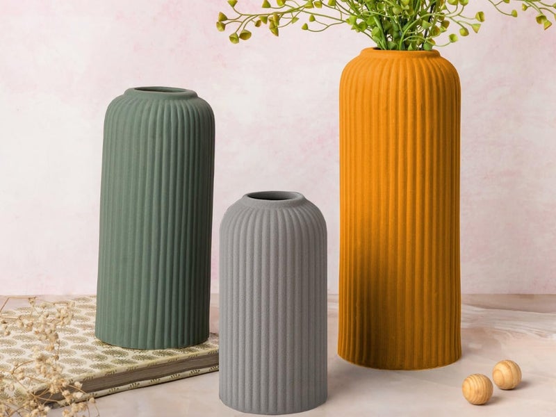 Bodhi House Unique Ceramic Ribbed Vase, Modern Decorative Centrepiece Vase for Pampas Grass, Artificial Flower Pot Ideal for Gifting, Home and Office Decor, Living Room (Pack of 3, Multicolor) - Image 1