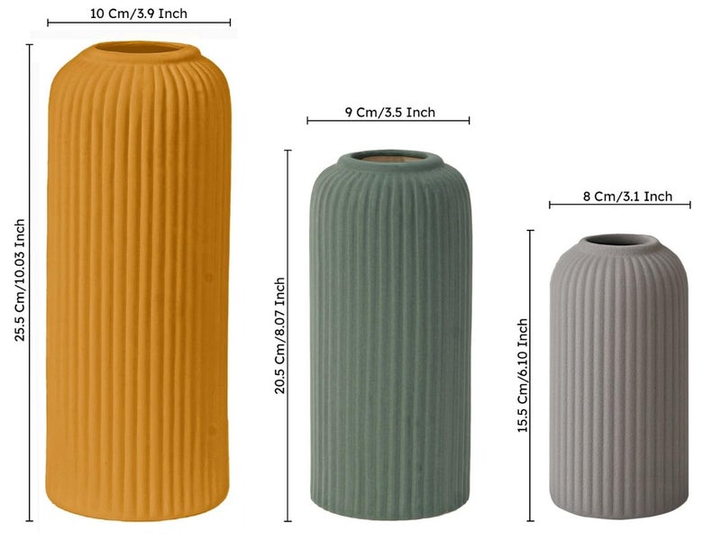 Bodhi House Unique Ceramic Ribbed Vase, Modern Decorative Centrepiece Vase for Pampas Grass, Artificial Flower Pot Ideal for Gifting, Home and Office Decor, Living Room (Pack of 3, Multicolor) - Image 3