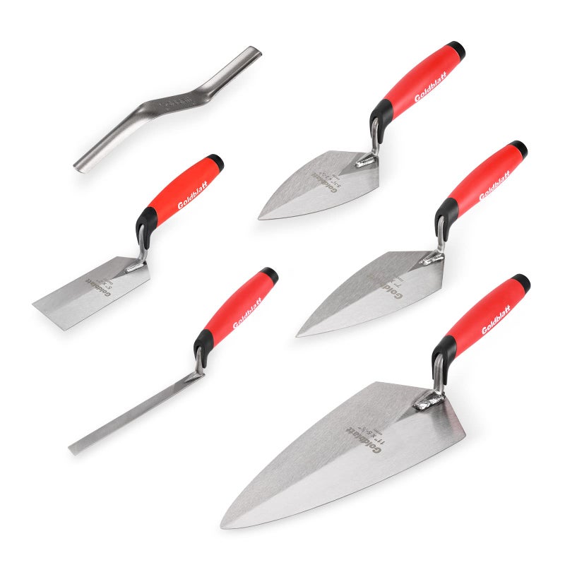 Goldblatt 6PCS Masonry Hand Tool Set - 11" x 5-1/2" Philadelphia Brick Trowel, 2PC Pointing Trowel, 5" x 2" Margin Trowel, 1/2" Tuck Pointing Trowel, 5/8â€ x 1/2â€ Convex Brick Jointer - Image 1