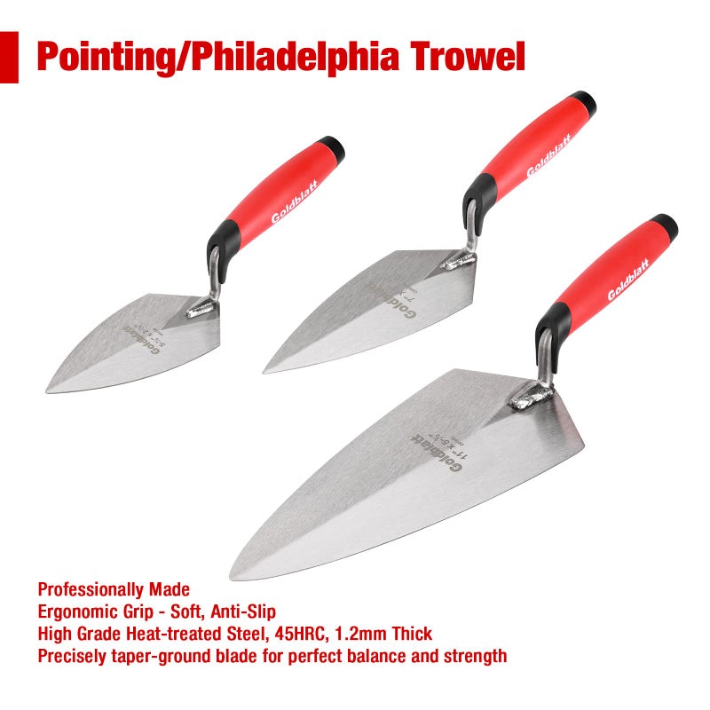 Goldblatt 6PCS Masonry Hand Tool Set - 11" x 5-1/2" Philadelphia Brick Trowel, 2PC Pointing Trowel, 5" x 2" Margin Trowel, 1/2" Tuck Pointing Trowel, 5/8â€ x 1/2â€ Convex Brick Jointer - Image 4