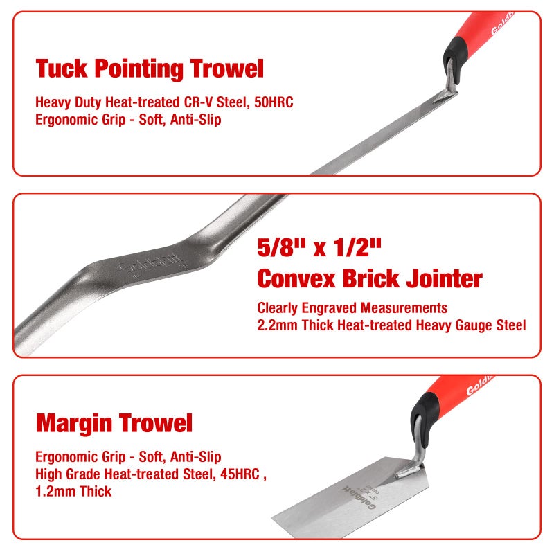 Goldblatt 6PCS Masonry Hand Tool Set - 11" x 5-1/2" Philadelphia Brick Trowel, 2PC Pointing Trowel, 5" x 2" Margin Trowel, 1/2" Tuck Pointing Trowel, 5/8â€ x 1/2â€ Convex Brick Jointer - Image 5
