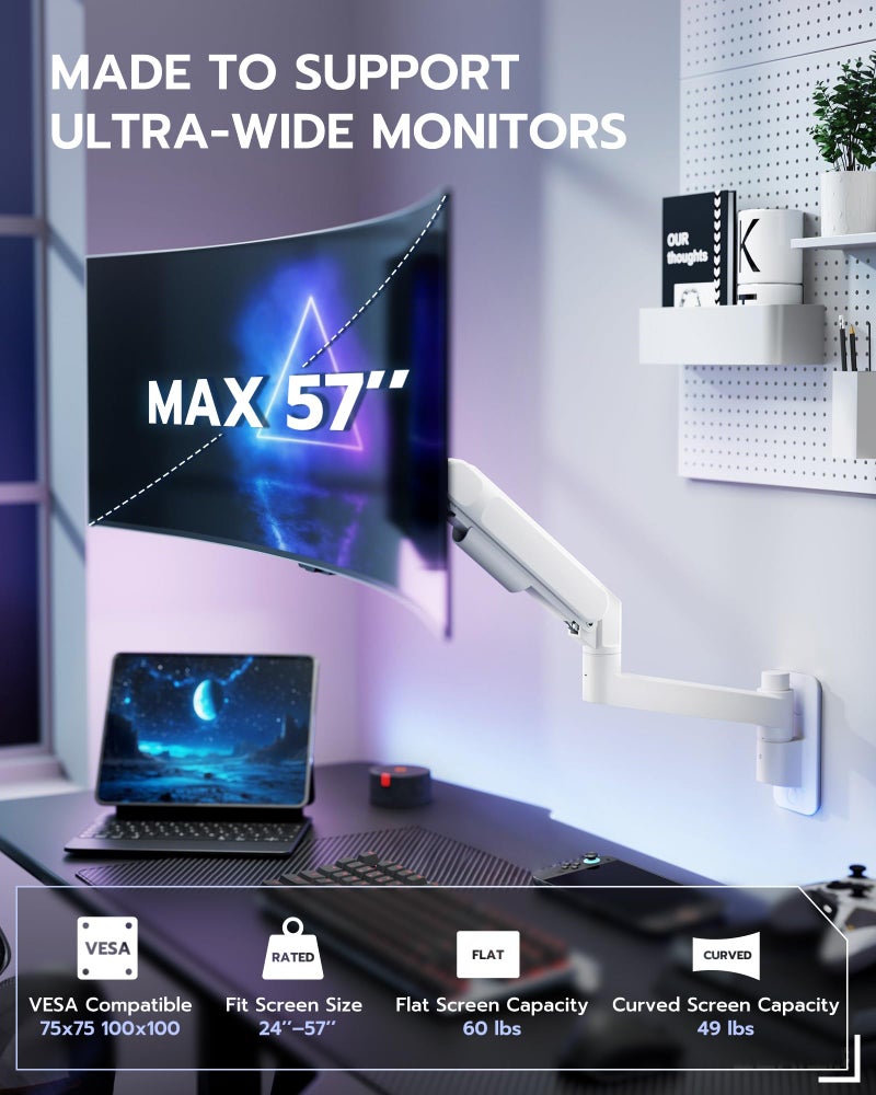ARES WING Monitor Wall Mount for 24-57 Inch Ultrawide Gaming Screens, Premium Heavy Duty Monitor Arm Holds 60 lbs, Full Motion Gas Spring, Bearing Head for Easy Adjustment, 75/100 VESA Mount, White - Image 2
