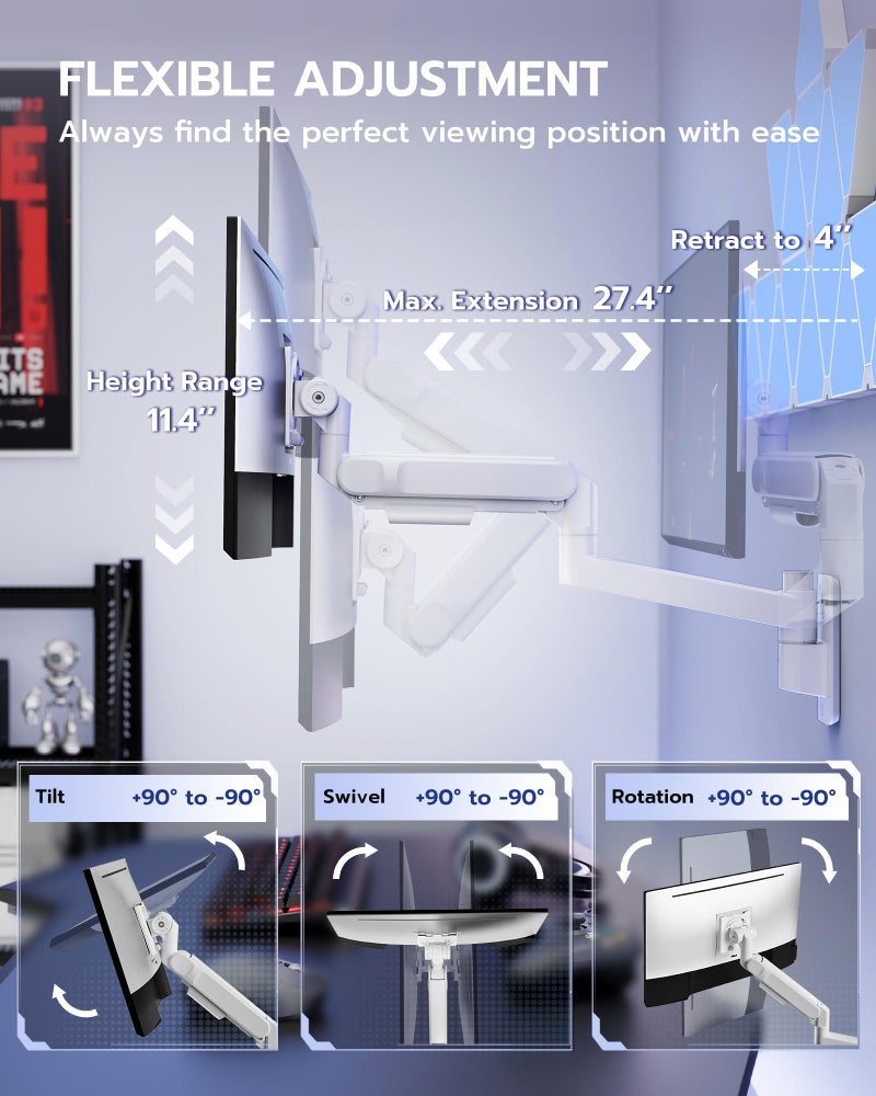 ARES WING Monitor Wall Mount for 24-57 Inch Ultrawide Gaming Screens, Premium Heavy Duty Monitor Arm Holds 60 lbs, Full Motion Gas Spring, Bearing Head for Easy Adjustment, 75/100 VESA Mount, White - Image 4