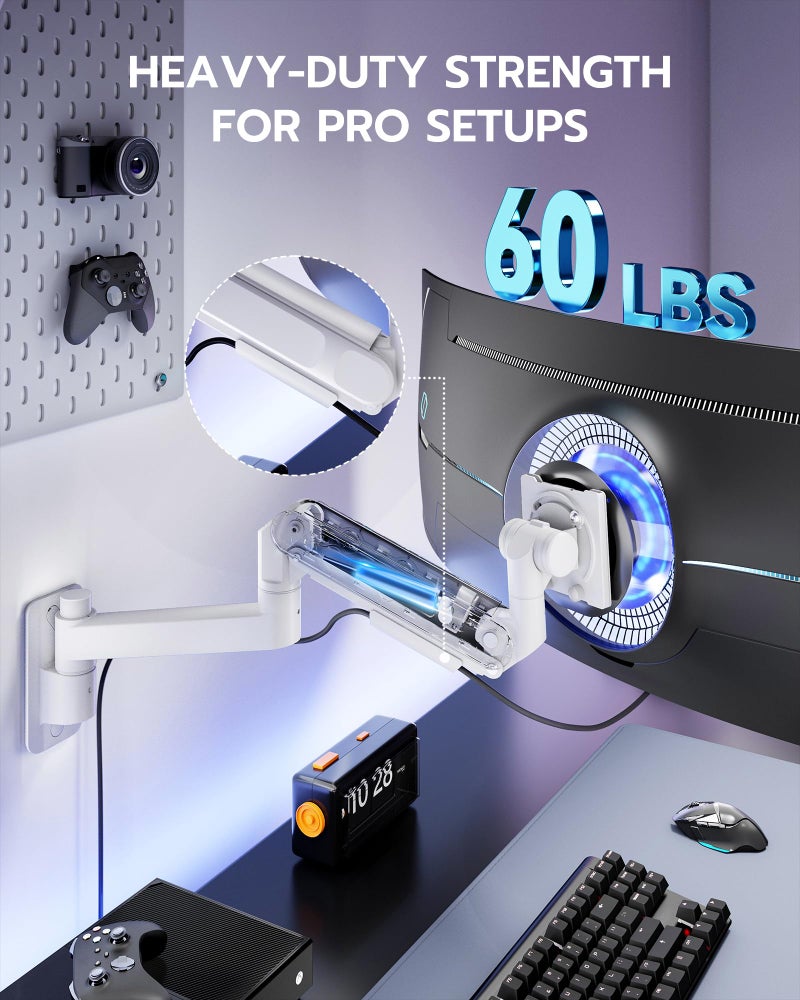 ARES WING Monitor Wall Mount for 24-57 Inch Ultrawide Gaming Screens, Premium Heavy Duty Monitor Arm Holds 60 lbs, Full Motion Gas Spring, Bearing Head for Easy Adjustment, 75/100 VESA Mount, White - Image 3