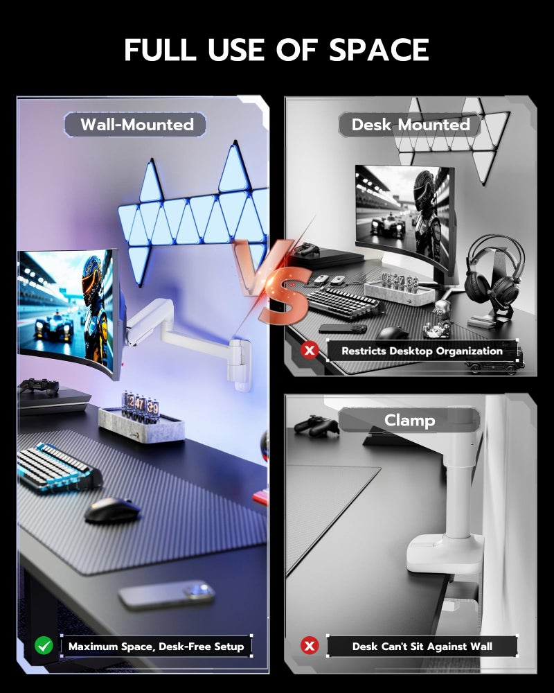 ARES WING Monitor Wall Mount for 24-57 Inch Ultrawide Gaming Screens, Premium Heavy Duty Monitor Arm Holds 60 lbs, Full Motion Gas Spring, Bearing Head for Easy Adjustment, 75/100 VESA Mount, White - Image 5