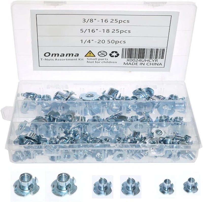 Omama T-Nut 1/4"-20,5/16"-18, 3/8"-16, (100 Pack) 4 Pronged Tee Nut Assortment Kit,for Rock Climbing Holds, Wood, Cabinetry, etc. - Image 1