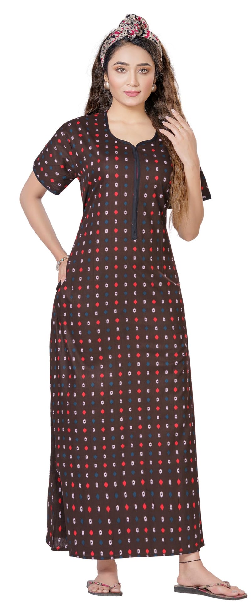 WiWi Women's Cotton Printed Feeding Maternity Nighty Coffee - Image 1