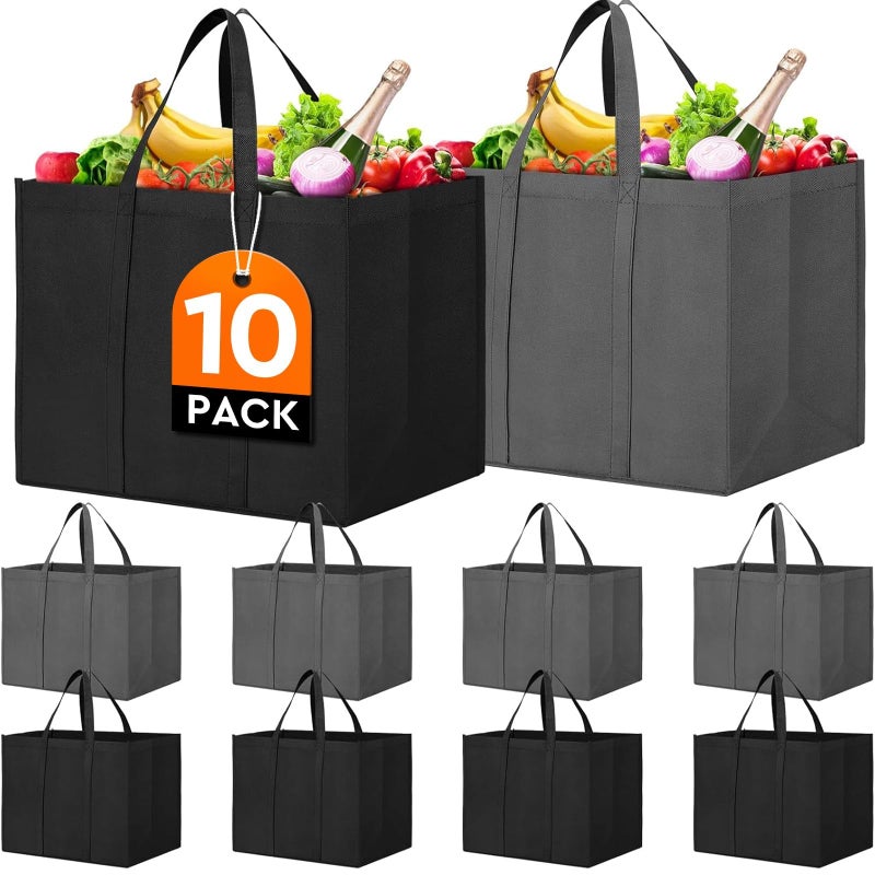 WISELIFE Reusable Grocery Shopping Bags 10 Pack Large Foldable Tote Bags Bulk Long Handle for Shopping Groceries Clothes Dark Grey Black