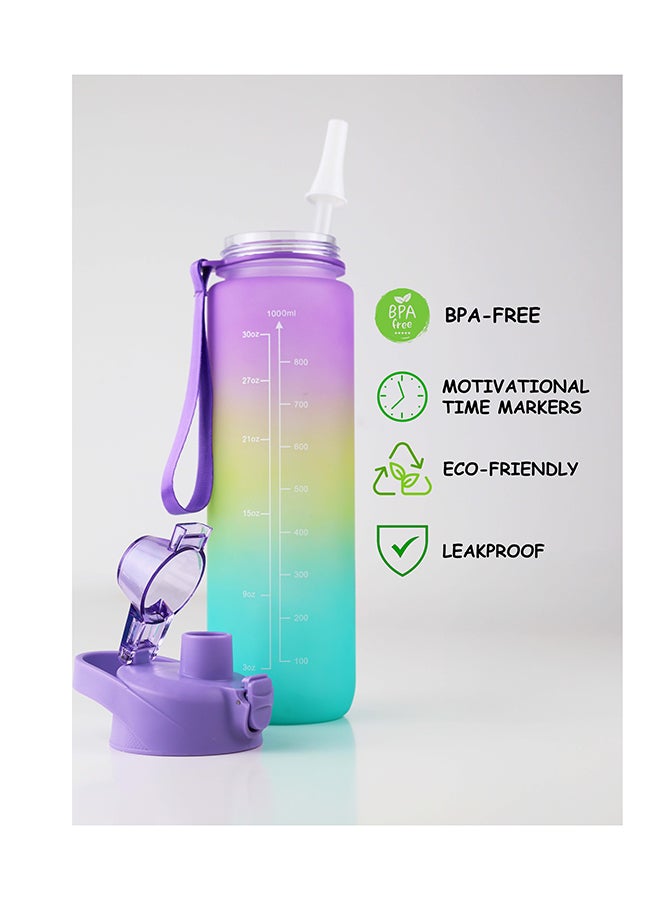 Toshionics 1000ml Motivational Drinking Water Bottle with Time Markers, One-Button Lockable Lid, Soft Straw, Dual Carry Handle and Free Cute Design Cartoon Stickers- BPA-Free, Leak-Proof Lid, Eco- Friendly, Plastic, Reusable, Drink Reminder Water Bottle for Adults and Kids in School, Office, Daily Hydration, Gym, Fitness, Yoga, Cycling, Hiking, Outdoor Camping, Hiking, Sports and Travel, 32oz Bottle - Image 2