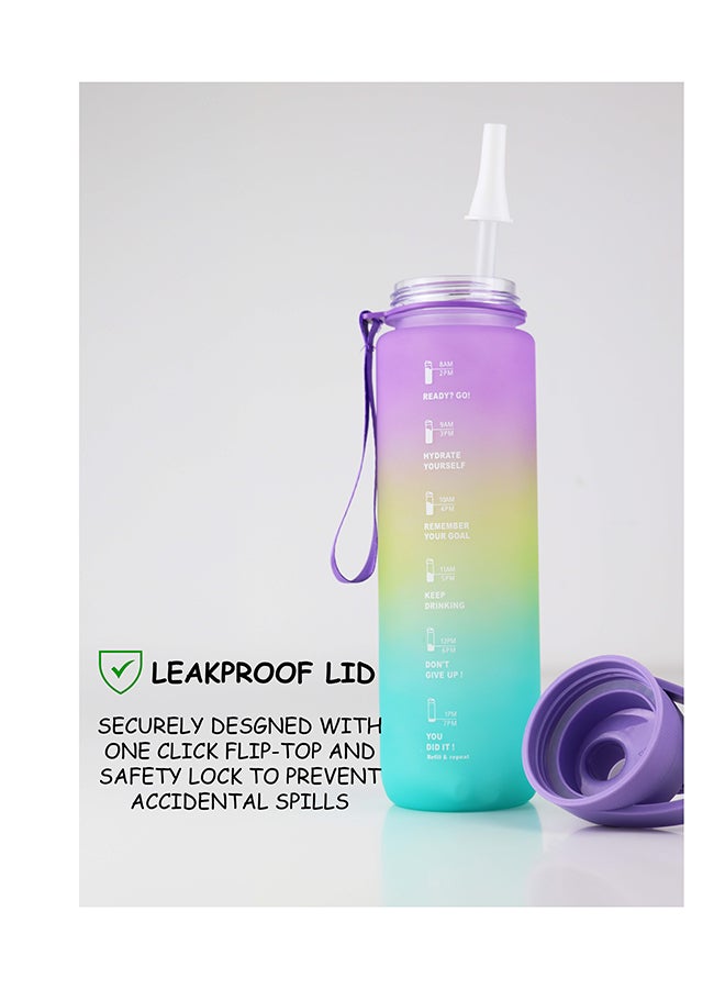 Toshionics 1000ml Motivational Drinking Water Bottle with Time Markers, One-Button Lockable Lid, Soft Straw, Dual Carry Handle and Free Cute Design Cartoon Stickers- BPA-Free, Leak-Proof Lid, Eco- Friendly, Plastic, Reusable, Drink Reminder Water Bottle for Adults and Kids in School, Office, Daily Hydration, Gym, Fitness, Yoga, Cycling, Hiking, Outdoor Camping, Hiking, Sports and Travel, 32oz Bottle - Image 4