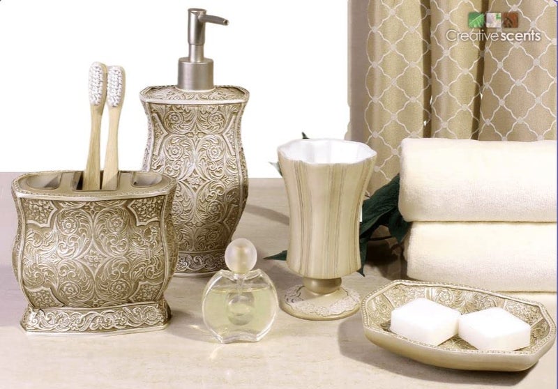 Creative Scents Victoria Beige Bathroom Accessories Set - Decorative Bathroom Accessory Set - 4 Piece Bathroom Set Features: Soap Dispenser, Toothbrush Holder, Tumbler, and Soap Dish - Image 3
