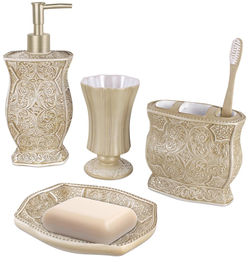 Creative Scents Victoria Beige Bathroom Accessories Set - Decorative Bathroom Accessory Set - 4 Piece Bathroom Set Features: Soap Dispenser, Toothbrush Holder, Tumbler, and Soap Dish - Image 1